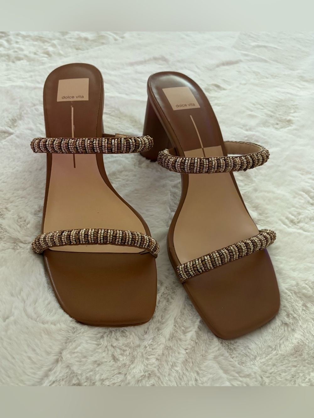 Dolce Vita Brown Beaded Double-Strap Slide Heels